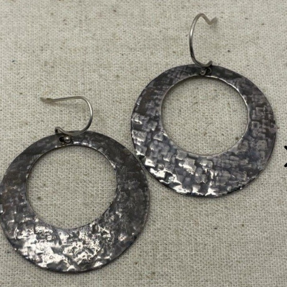 925 Sterling Silver Hammered Oxidized Open Circle Drop Earrings Artisan Dangle
